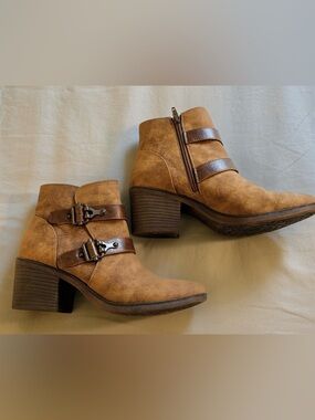 Women’s Tan Suede Ankle Booties with Buckle Straps